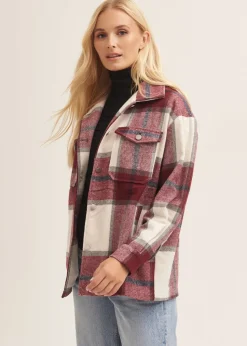 Gini London Burgundy Check Oversized Pocket Detail Shacket
