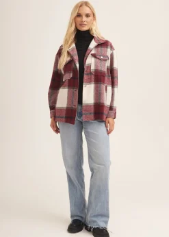 Gini London Burgundy Check Oversized Pocket Detail Shacket