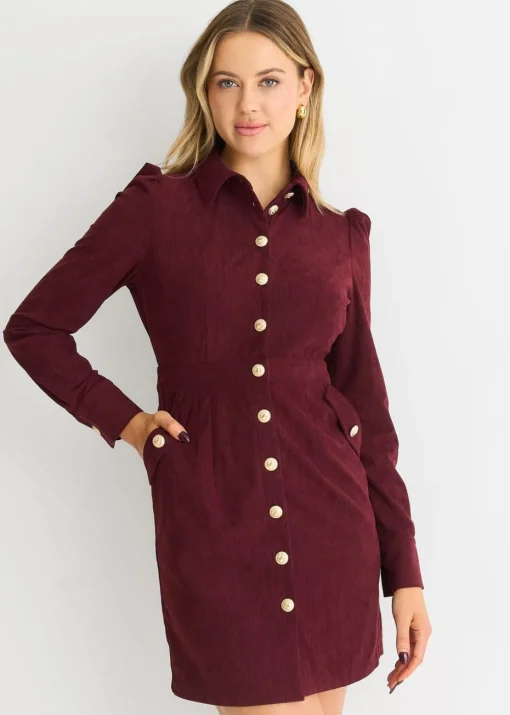 Gini London Burgundy  Corduroy Mini Shirt Dress