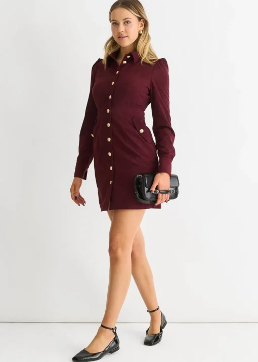 Gini London Burgundy  Corduroy Mini Shirt Dress