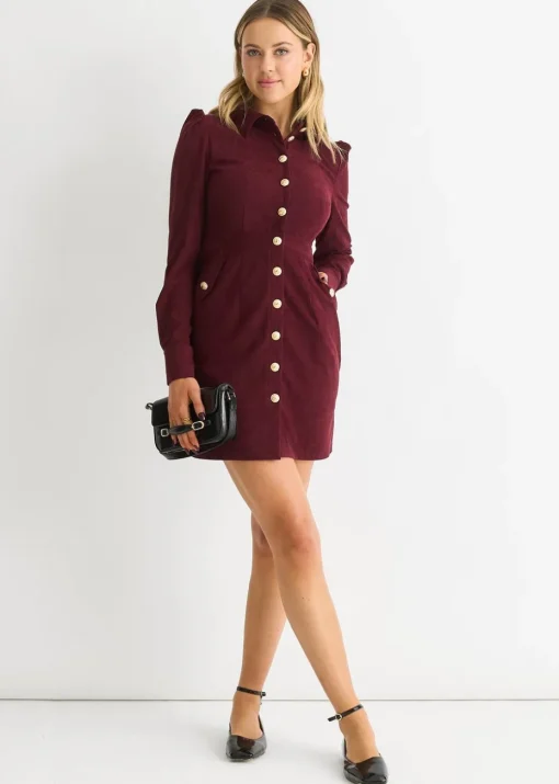Gini London Burgundy  Corduroy Mini Shirt Dress