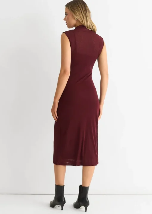 Gini London Burgundy Plain Ruched Jersey Midi Dress