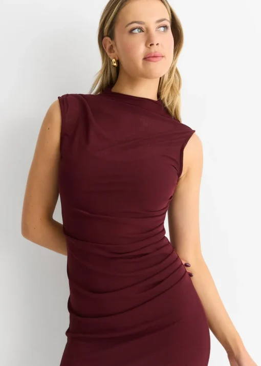 Gini London Burgundy Plain Ruched Jersey Midi Dress