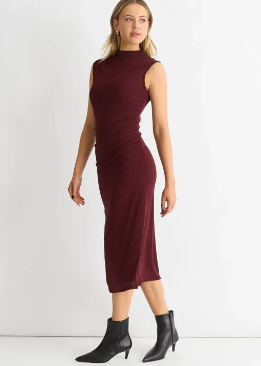 Gini London Burgundy Plain Ruched Jersey Midi Dress