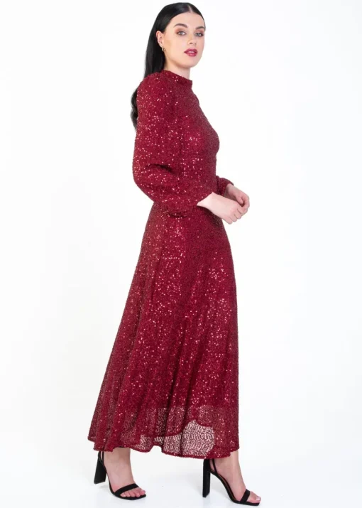 Gini London Burgundy Sequin High Neck Occasion Midi Dress