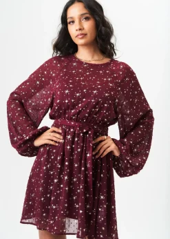 Gini London Burgundy Star Print Long Sleeve Mini Dress