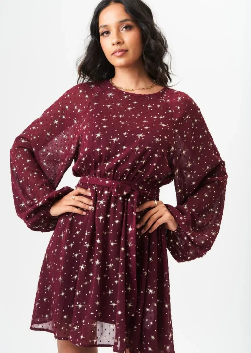 Gini London Burgundy Star Print Long Sleeve Mini Dress