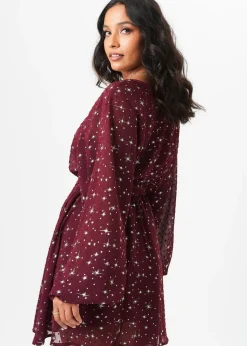 Gini London Burgundy Star Print Long Sleeve Mini Dress