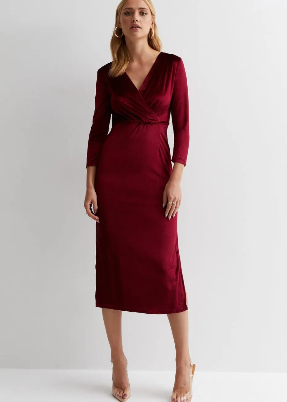 Gini London Burgundy Velvet Wrap Top Skater Midi Dress
