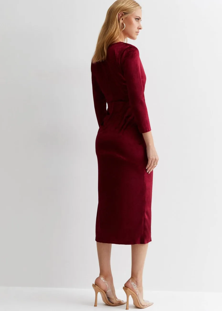 Gini London Burgundy Velvet Wrap Top Skater Midi Dress