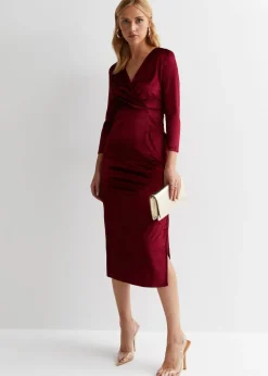 Gini London Burgundy Velvet Wrap Top Skater Midi Dress