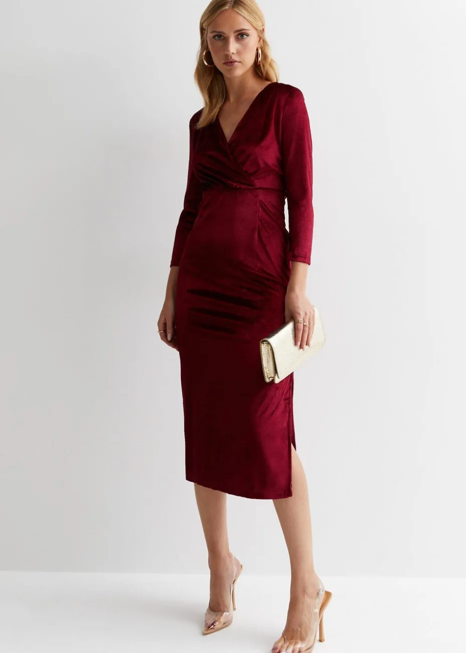 Gini London Burgundy Velvet Wrap Top Skater Midi Dress