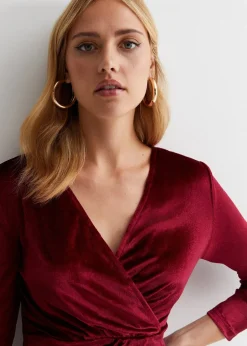 Gini London Burgundy Velvet Wrap Top Skater Midi Dress