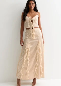 Gini London Champagne Satin Ruffle Maxi Skirt