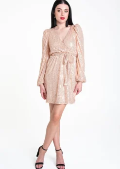 Gini London Champagne Sequin V Neck Belted Mini Dress