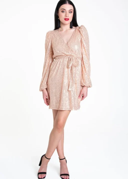 Gini London Champagne Sequin V Neck Belted Mini Dress