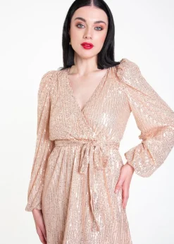 Gini London Champagne Sequin V Neck Belted Mini Dress