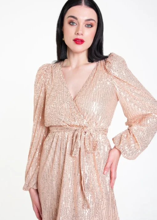 Gini London Champagne Sequin V Neck Belted Mini Dress