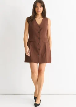 Gini London Chocolate Linen Button Through Mini shirt Dress