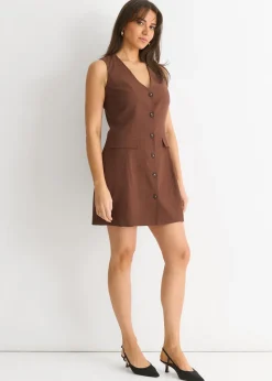 Gini London Chocolate Linen Button Through Mini shirt Dress