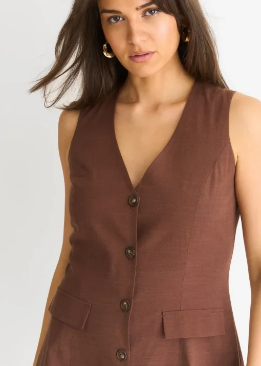 Gini London Chocolate Linen Button Through Mini shirt Dress