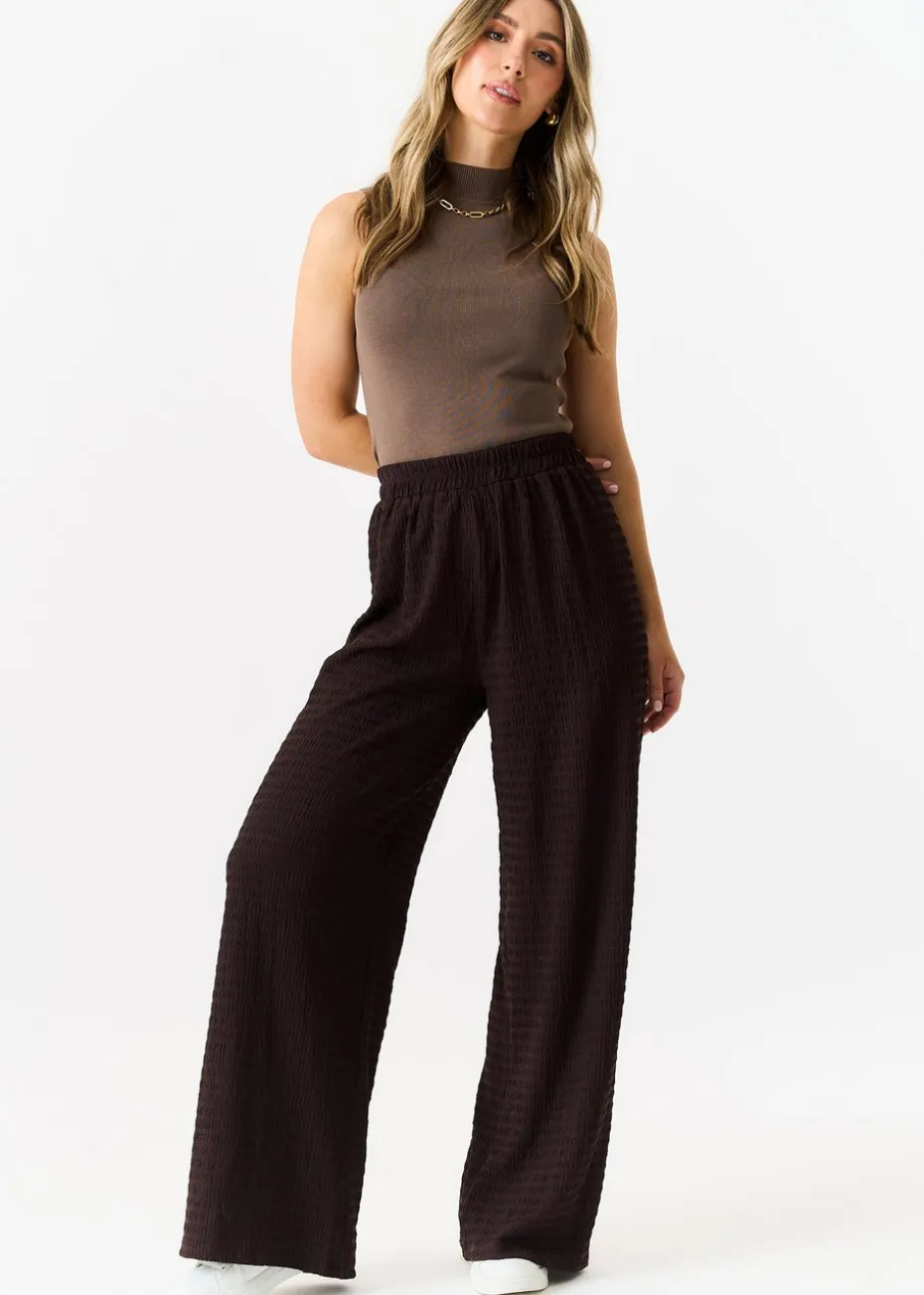 Gini London Chocolate Textured Elastic Waist Pull On Trousers