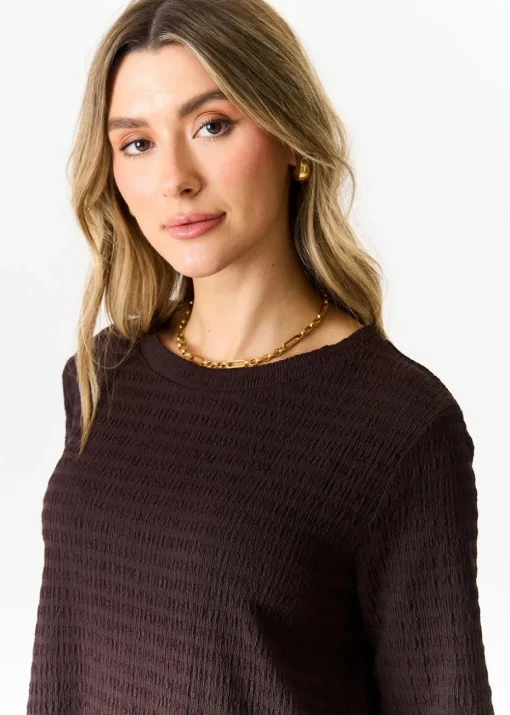 Gini London Chocolate Textured Long Sleeves Oversized Top