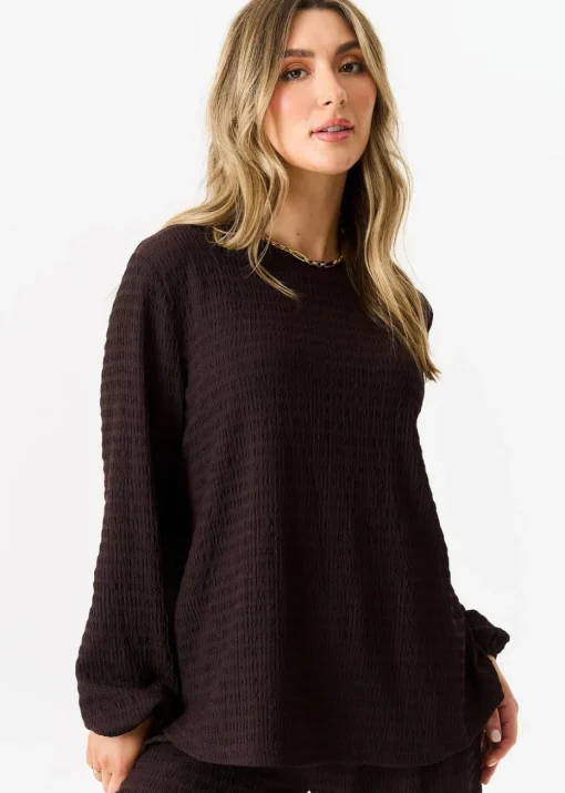 Gini London Chocolate Textured Long Sleeves Oversized Top