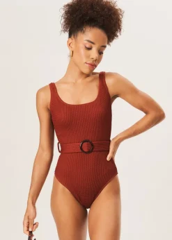 Gini London Chocolate Textured Round Neck Belted Swimsuit