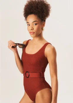 Gini London Chocolate Textured Round Neck Belted Swimsuit