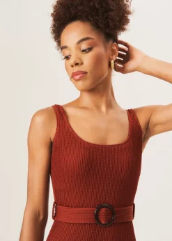 Gini London Chocolate Textured Round Neck Belted Swimsuit