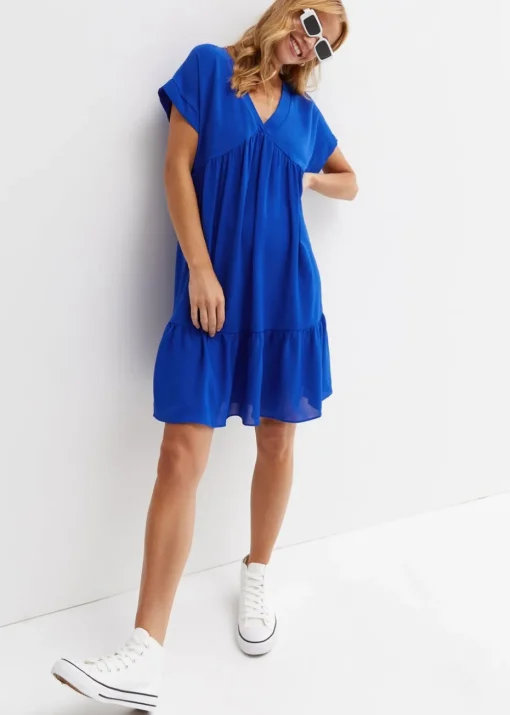 Gini London Cobalt Blue V-Neck Tiered Mini Smock Dress
