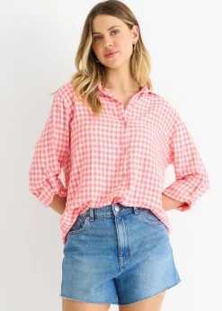 Gini London Coral Cotton Gingham Roll Up Sleeves Oversized Tie Top