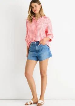 Gini London Coral Cotton Gingham Roll Up Sleeves Oversized Tie Top