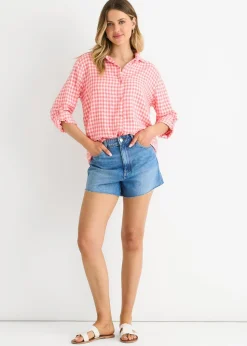 Gini London Coral Cotton Gingham Roll Up Sleeves Oversized Tie Top