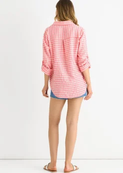 Gini London Coral Cotton Gingham Roll Up Sleeves Oversized Tie Top