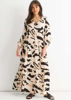 Gini London Cream Animal Print Smock Maxi Dress