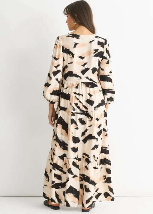 Gini London Cream Animal Print Smock Maxi Dress