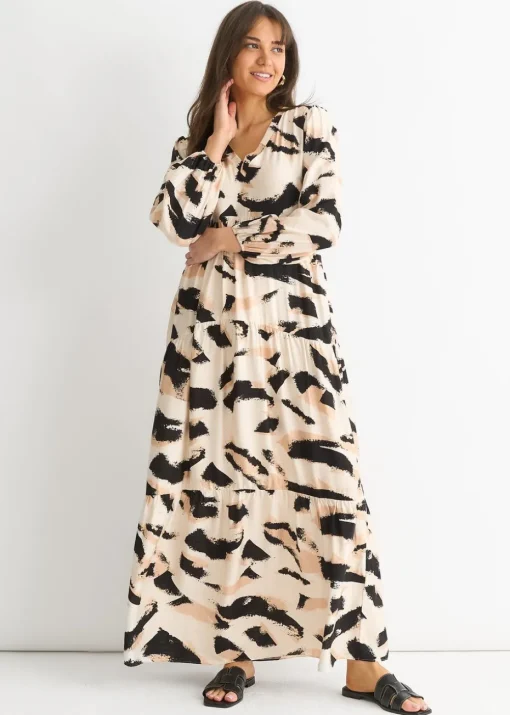 Gini London Cream Animal Print Smock Maxi Dress