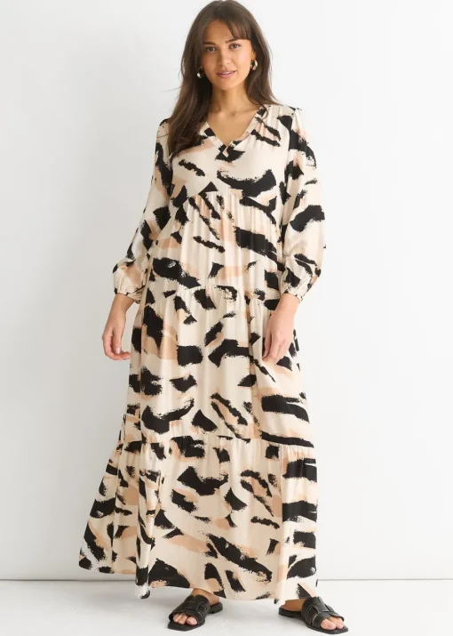 Gini London Cream Animal Print Smock Maxi Dress