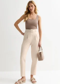 Gini London Cream Belt Detail Tapered Trousers