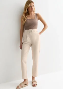 Gini London Cream Belt Detail Tapered Trousers