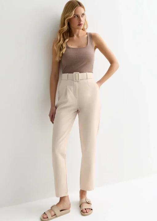 Gini London Cream Belt Detail Tapered Trousers