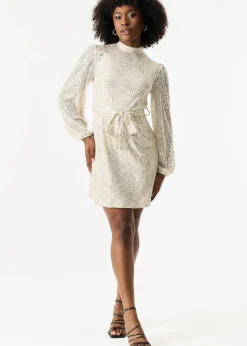 Gini London Cream High Neck Long Sleeves Belted Sequin Dress