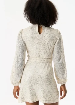 Gini London Cream High Neck Long Sleeves Belted Sequin Dress
