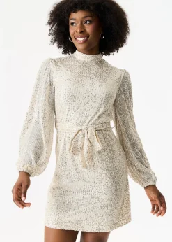 Gini London Cream High Neck Long Sleeves Belted Sequin Dress