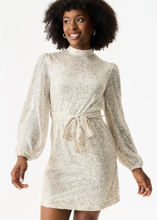 Gini London Cream High Neck Long Sleeves Belted Sequin Dress