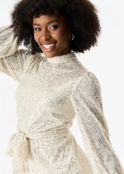 Gini London Cream High Neck Long Sleeves Belted Sequin Dress