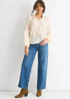 Gini London Cream Jacquard Floral Long Sleeve Blouse