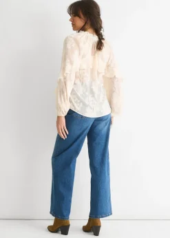 Gini London Cream Jacquard Floral Long Sleeve Blouse